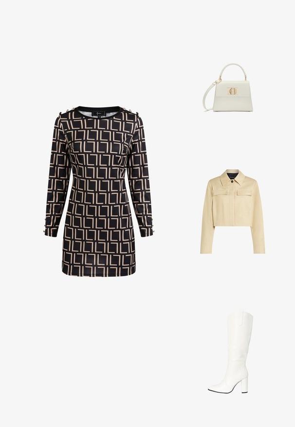 Beskåret beige jakke med spidse kraver, to frontlommer og knaplukning. Glat tekstur og diskret branding på brystet.; Langærmet sort kjole med beige geometrisk firkantet mønster og dekorative knapper på skuldre og manchetter, figursyet silhuet.; Salinyang Høje støvler/ Støvler - weiss; Lille hvid håndtaske med topgreb, aftagelig skulderrem og guld rektangulært spænde på frontklap.