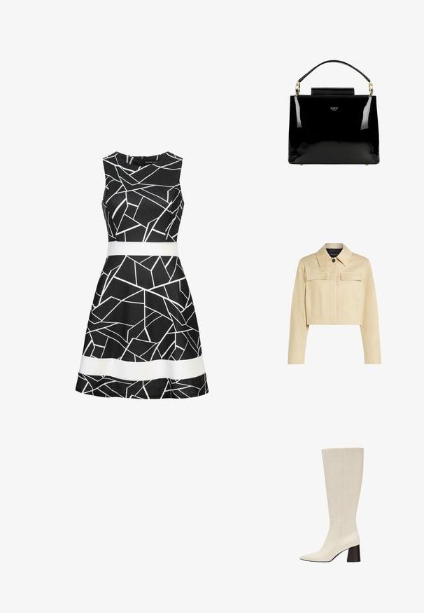 Veste beige coupée avec un col pointu, deux poches avant et une fermeture à boutons. Texture lisse et logo discret sur la poitrine.; Robe sans manches noire avec un motif géométrique blanc et une ceinture blanche contrastante à la taille. Tissu lisse et design de jupe évasée.; Botte en cuir couleur crème montant jusqu’au genou avec bout pointu et talon bloc foncé sur fond blanc.; Sac à main en cuir verni noir avec un design structuré, comportant une poignée supérieure, des accents en métal doré et un petit rabat à l'avant.