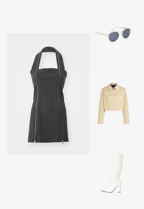 Beskåret beige jakke med spidse kraver, to frontlommer og knaplukning. Glat tekstur og diskret branding på brystet.; Sort og grå mønstret forklæde med halterneck, firkantet udskæring, lynlåsdetaljer foran og en tætsiddende form. Fremstillet af tekstureret stof.; Salinyang Høje støvler/ Støvler - weiss; Hvide runde solbriller med mørke tonede linser og let buede skafter, der hviler på en hvid overflade.