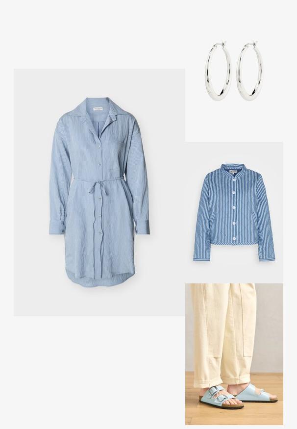 Chaqueta acolchada a rayas en azul y blanco con cuello redondo, cierre frontal de cinco botones y puños que presentan un patrón contrastante.; Vestido tipo camisa de manga larga azul claro con rayas verticales blancas, botones en el frente, bolsillo en el pecho, cinturón en la cintura y puños abotonados.; Sandalias de punta abierta en azul claro con doble hebilla, plantilla de corcho y suela de goma negra, combinadas con unos pantalones de pierna ancha en color crema.; Pendientes de aro de plata con un acabado suave y brillante. Forma circular, con un cierre seguro. Diseño sencillo y elegante.
