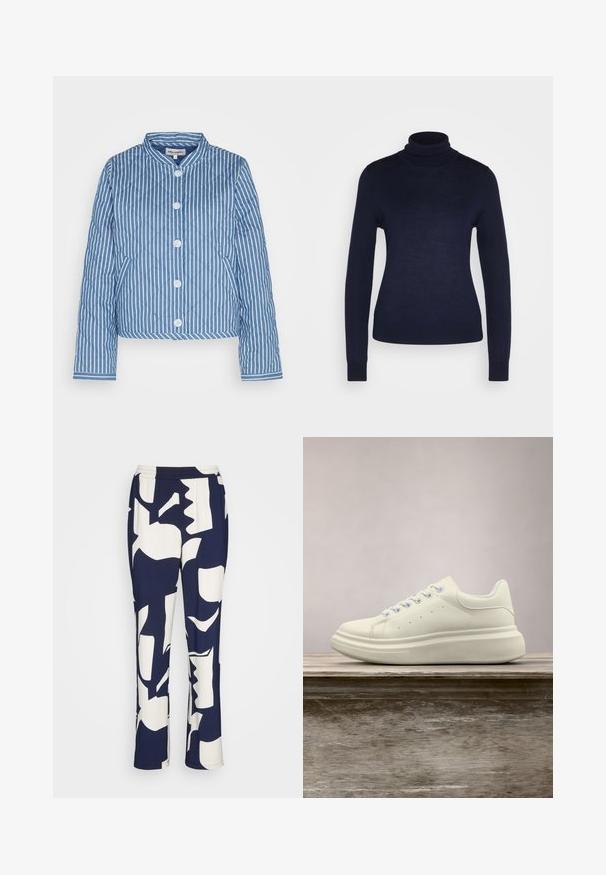 Chaqueta acolchada a rayas en azul y blanco con cuello redondo, cierre frontal de cinco botones y puños que presentan un patrón contrastante.; Marks & Spencer ROLL NECK - Jersey de punto - navy; Pantalones de patrón en azul marino y blanco con cintura elástica. Presenta formas abstractas y un corte relajado. El material parece suave y ligero.; Zapatilla deportiva de cuero blanco con puntera redonda, textura lisa y cordones en contraste. Cuenta con orificios de ventilación y una suela de goma gruesa para mayor comodidad.
