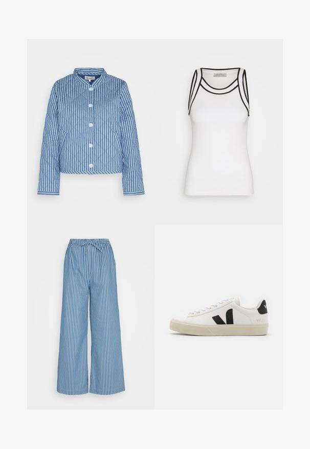 Chaqueta acolchada a rayas en azul y blanco con cuello redondo, cierre frontal de cinco botones y puños que presentan un patrón contrastante.; Top de tirantes blanco hecho de tela acanalada, con detalles en negro a lo largo del escote y los ojales de los brazos, con una silueta ajustada.; Pantalones de pierna ancha azul a rayas con cintura elástica y cordón. La tela es ligera y presenta rayas verticales blancas para contraste.; Zapatilla de cuero blanca con logo V de goma negra. Suela texturizada en blanco roto, cordones blancos y detalle en el talón trasero con el nombre de la marca en negro.