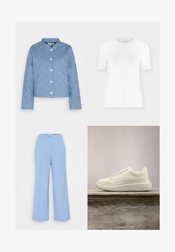 Gequilte blauw-witte gestreepte jacket met een ronde kraag, een vijfknopsluiting aan de voorkant en mouwen met een contrasterend patroon.; Wit T-shirt met korte mouwen en een ronde hals, een slanke pasvorm en geribbelde stof, weergegeven op een effen lichtgrijze achtergrond.; Lichtblauwe wijde broek met een hoge taille, voorste knoopsluiting en zijnaadzakken. Gemaakt van een soepele, gestructureerde stof.; Witte leren sneaker met ronde neus, gladde textuur en contrasterende veters. Heeft ventilatiegaten en een dikke rubberen zool voor comfort.