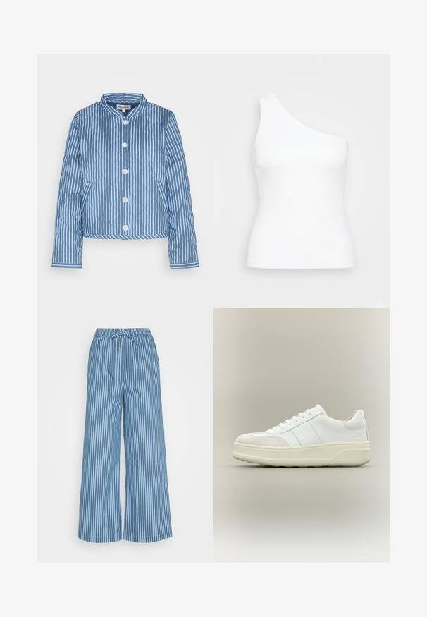 Gequilte blauw-witte gestreepte jacket met een ronde kraag, een vijfknopsluiting aan de voorkant en mouwen met een contrasterend patroon.; Witte tanktop met één schouder, gemaakt van ribgeborduurde stof. Kenmerkt zich door een aansluitende vorm en een gladde textuur met een schone, minimalistische uitstraling.; Blauwe gestreepte wijde broek met een elastische tailleband en trekkoord. De stof is lichtgewicht en heeft verticale witte strepen voor contrast.; Witte lage sneaker met dikke crèmekleurige zool, veters aan de voorkant en suède teenkapdetail, afgebeeld op een beige achtergrond.
