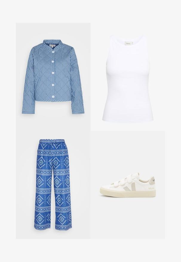 Gequilte blauw-witte gestreepte jacket met een ronde kraag, een vijfknopsluiting aan de voorkant en mouwen met een contrasterend patroon.; Witte geribde tanktop met een ronde halslijn en zonder mouwen. Rekbaar materiaal en een aansluitend ontwerp. Het label op de achterkant zegt "GESTUZ."; Blauwe patroonbroek met een trekkoord in de taille. Bevat geometrische witte ontwerpen overal en heeft een losse, brede pijp. Lichtgewicht stof.; Witte sneakers met klittenbandsluitingen, suède accenten in beige, gestructureerde rubberen zool en een V-logo in grijs. Minimalistisch ontwerp, ronde vorm.