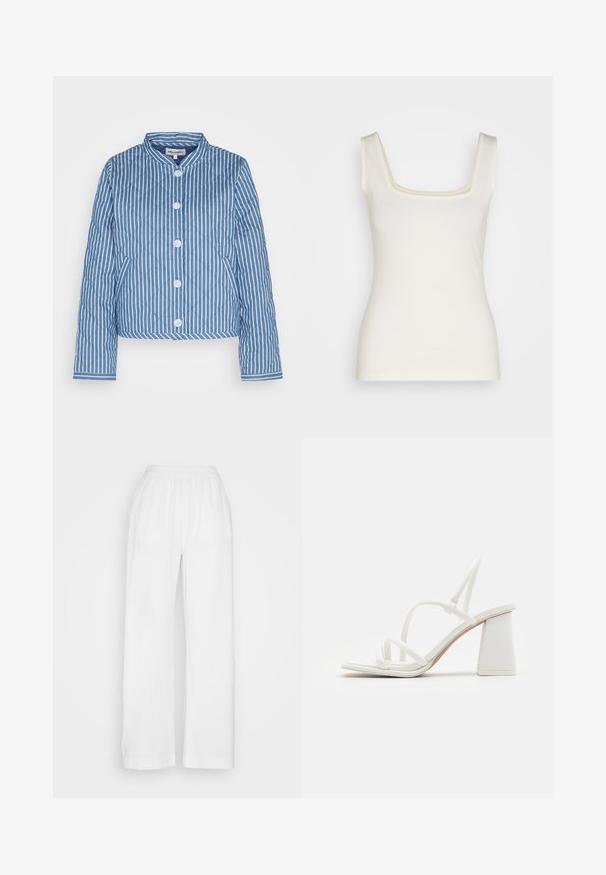 Gequilte blauw-witte gestreepte jacket met een ronde kraag, een vijfknopsluiting aan de voorkant en mouwen met een contrasterend patroon.; Crème-kleurige tanktop met een vierkante halslijn, smalle bandjes en een aansluitende pasvorm. Gemaakt van zachte, rekbare stof. Geen patronen of accenten.; Witte, wijde broek gemaakt van lichtgewicht, gestructureerde stof met een elastische tailleband. Kenmerkt zich door een losse pasvorm met rechte pijpen en heeft geen zakken.; Witte sandalen met hakken, gekenmerkt door slanke bandjes, een vierkante neus en een chunky blokhak, met een gladde textuur en een minimalistisch ontwerp.