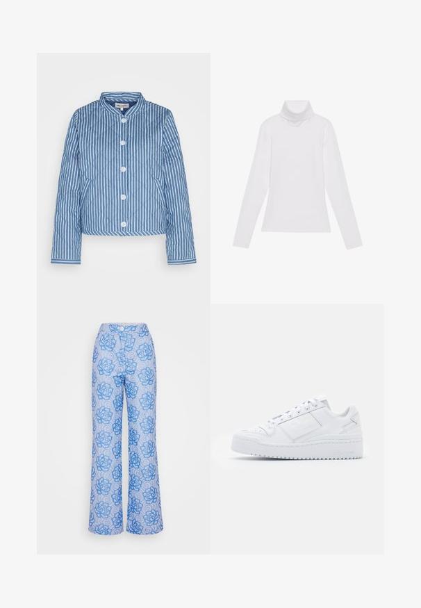 Chaqueta acolchada a rayas en azul y blanco con cuello redondo, cierre frontal de cinco botones y puños que presentan un patrón contrastante.; Top blanco de manga larga y cuello alto, confeccionado en una tela suave y elástica. Presenta un diseño ajustado, sin patrones o adornos visibles.; Pantalones de pierna ancha con estampado floral azul, confeccionados en tejido ligero, con cintura alta y cierre de botón.; Zapatillas de cuero blanco con una textura suave, punta redonda, diseño de corte bajo, cordones y una suela de plataforma que presenta un sutil logo en el lado.