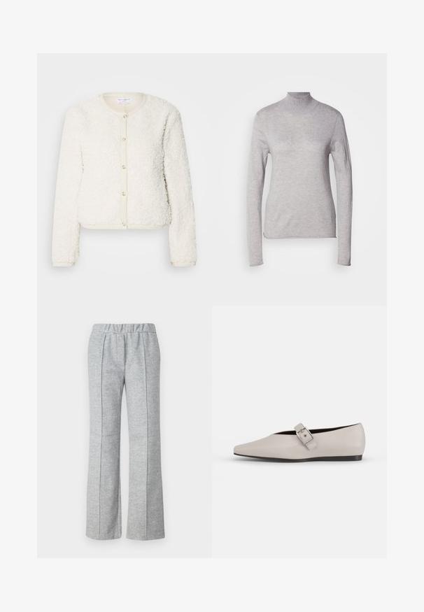 Cardigan blanc en texture duveteuse avec des manches longues, un col rond et une fermeture à boutons à l'avant. Accentué par une bordure beige clair.; Haut col roulé gris clair à manches longues, fabriqué à partir d'un tissu en maille douce. Présente une coupe ajustée et un col côtelé. Texture lisse.; Pantalons gris à jambes larges en tissu texturé ; dotés d'une taille élastique et de détails plissés à l'avant. Design épuré et minimal.; Chaussure plate en cuir beige avec un bout pointu, un accent de boucle sur le côté et une semelle noire basse. Texture lisse et design minimaliste.