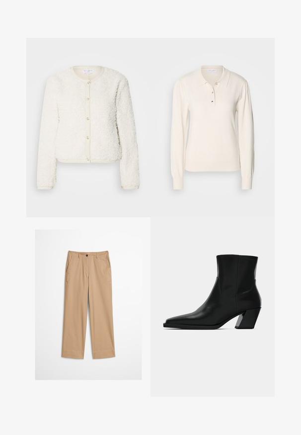 Cardigan blanc en texture duveteuse avec des manches longues, un col rond et une fermeture à boutons à l'avant. Accentué par une bordure beige clair.; Chemise polo à manches longues de couleur crème avec une texture douce, fermeture à boutons et poignets côtelés. Elle présente un col classique et une silhouette ajustée.; Pantalon beige en coton avec jambes droites, fermeture à bouton sur le devant et texture lisse. Comprend des passants de ceinture standard et un design à l'avant plat.; Bottine en cuir noir avec un bout pointu, une silhouette élégante et un talon carré massif. Texture lisse avec des détails de couture minimalistes.