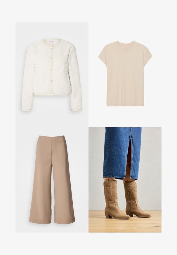 Cardigan blanc en texture duveteuse avec des manches longues, un col rond et une fermeture à boutons à l'avant. Accentué par une bordure beige clair.; T-shirt beige à manches courtes en tissu doux, avec un col rond et une coupe décontractée. Texture lisse sans motifs ni accents visibles.; Pantalons à jambes larges en tissu beige clair. Comprend deux poches avant en applique, une taille plate et une texture lisse avec une finition soignée.; Bottes western en cuir marron avec des coutures décoratives, bout pointu et talon empilé. Portées avec une jupe en denim longue jusqu'au genou, mettant en valeur les bottes.