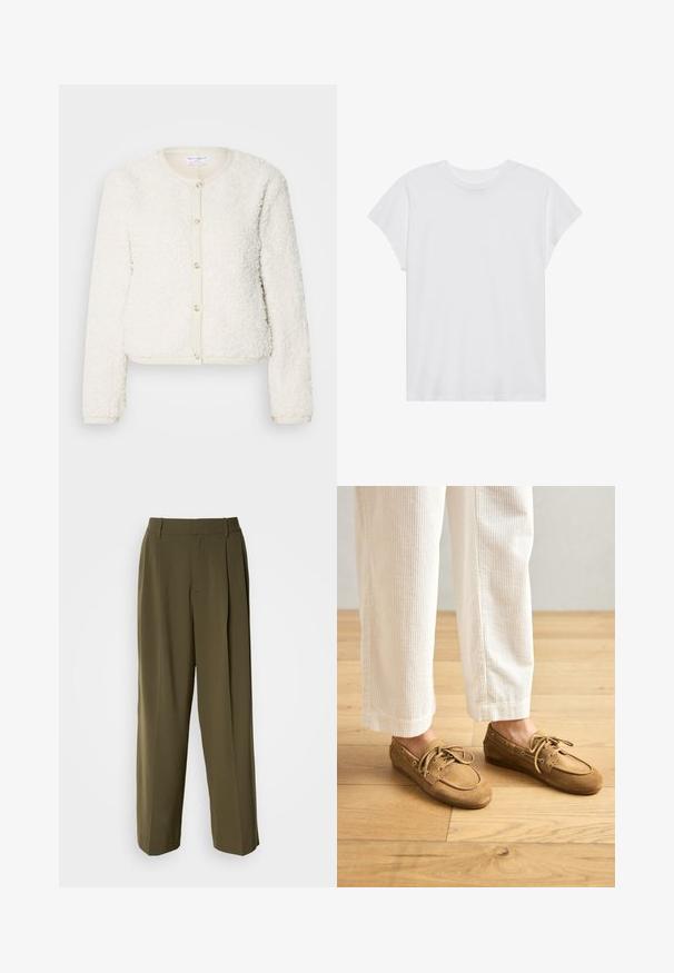 Cardigan blanc en texture duveteuse avec des manches longues, un col rond et une fermeture à boutons à l'avant. Accentué par une bordure beige clair.; T-shirt blanc à manches courtes, col rond, coupe décontractée, en tissu de coton doux. Texture lisse, sans motifs ni logos.; Pantalons à jambes larges vert olive en tissu lisse, dotés d'une taille haute, de plis sur le devant et de poches latérales pour plus de fonctionnalité.; Bateaux en daim marron avec lacets, présentant un bout arrondi et des accents cousus. Portés avec un pantalon en velours côtelé blanc dans un environnement en bois.