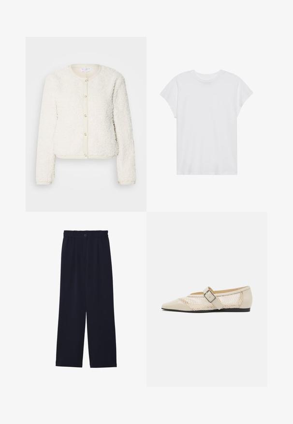 Cardigan blanc en texture duveteuse avec des manches longues, un col rond et une fermeture à boutons à l'avant. Accentué par une bordure beige clair.; T-shirt blanc à manches courtes, col rond, coupe décontractée, en tissu de coton doux. Texture lisse, sans motifs ni logos.; Pantalons large bleu marine avec une texture lisse, taille élastique, pli avant unique et fermeture à bouton à la taille.; Ballerines beiges à bout pointu avec un design à panneaux en maille, dotées d'une sangle à boucle et d'une semelle noire basse, mettant en avant un contraste de texture.