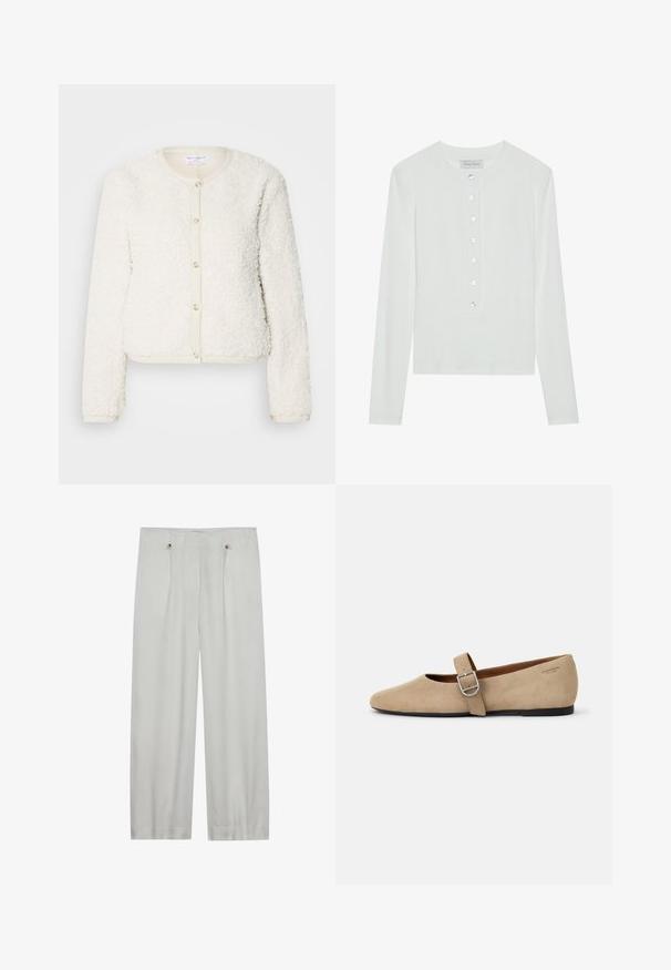 Cardigan blanc en texture duveteuse avec des manches longues, un col rond et une fermeture à boutons à l'avant. Accentué par une bordure beige clair.; Haut à manches longues blanc en tissu côtelé, avec un col rond et un devant boutonné comportant six boutons transparents.; Pantalons taille haute en gris clair, à jambes larges, fabriqués en tissu doux. Comprend deux plis avant, deux boutons de fermeture et une texture lisse.; Ballerines en daim beige de style Mary Jane avec un bout pointu et une seule sangle réglable dotée d'une boucle en métal argenté. Semelle plate noire.