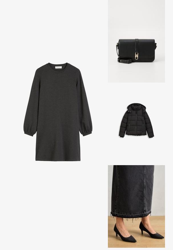 Doudoune noire avec capuche, présentant un matelassage horizontal, une fermeture éclair à l'avant et des poignets élastiques. Fabriquée en matériau léger et résistant à l'eau.; Robe longue à manches longues, de couleur gris foncé, fabriquée en tissu doux. Elle présente un col rond et des poignets froncés avec une coupe droite.; Escarpins en suede noirs avec un bout pointu et un talon de 3 pouces, associés à une longue jupe en denim foncé présentant des détails d'ourlet effilochés.; Tommy Hilfiger TH LIBRE FLAP CROSSOVER - Sac bandoulière - black