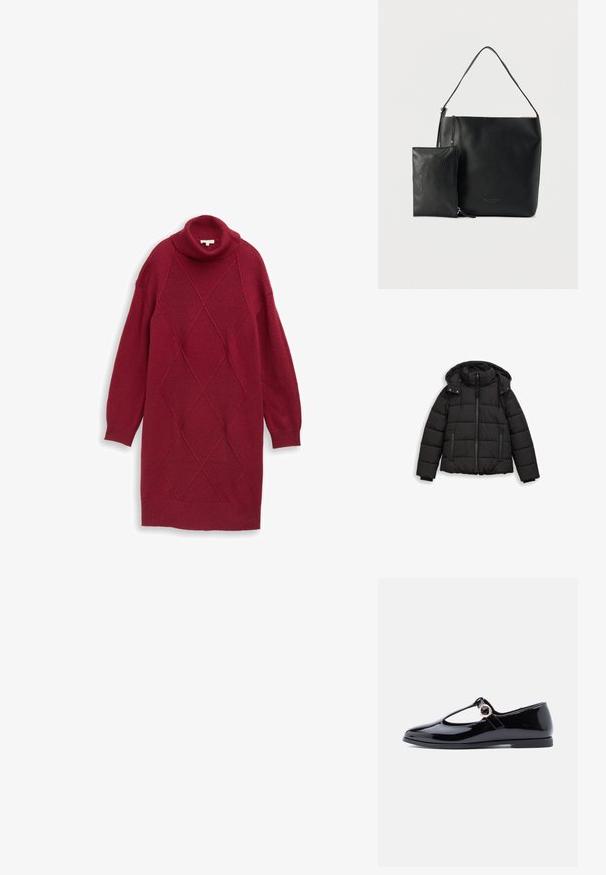 Doudoune noire avec capuche, présentant un matelassage horizontal, une fermeture éclair à l'avant et des poignets élastiques. Fabriquée en matériau léger et résistant à l'eau.; Robe en tricot bordeaux avec col roulé, manches bouffantes longues, motifs en côtes diagonales et en losanges, avec une coupe décontractée et un ourlet juste au-dessus du genou.; Chaussure Mary Jane en cuir verni noir avec un bout arrondi, une bride en T et un détail en métal doré circulaire, semelle plate et finition lisse et brillante.; Sac d'épaule en cuir noir texturé avec pochette zippée détachable assortie, toutes deux avec un logo de marque subtilement embossé, présentés sur fond blanc.