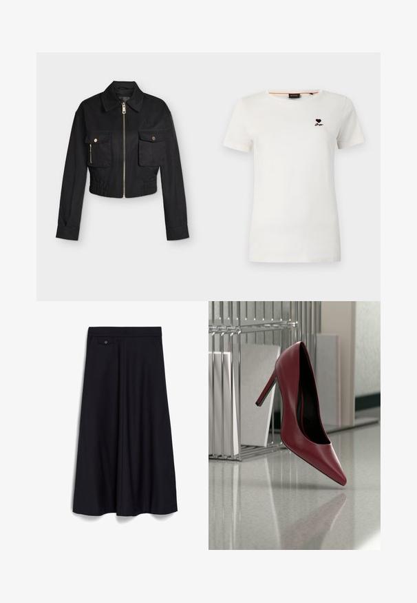 Μαύρο cropped μπουφάν με μακριά μανίκια, φερμουάρ μπροστά, δύο τσέπες με καπάκια και κουμπιά, και ελαστική μέση.; Λευκό βαμβακερό μπλουζάκι με κοντά μανίκια, με μικρό σκούρο μπορντό λογότυπο καρδιάς και κέντημα "BOSS" στην αριστερή πλευρά του στήθους.; Μαύρη φούστα μέχρι το γόνατο με ευρύ, ρέουσα σχεδίαση. Διαθέτει επίπεδη μέση μπροστά και μια λεπτομέρεια με κουμπί στην μπροστινή τσέπη.; Ενιαίο κόκκινο δερμάτινο ψηλοτάκουνο παπούτσι ισορροπεί στο τακούνι του σε αντανακλαστικό πάτωμα κοντά σε μεταλλική θήκη αρχείων με λευκούς φακέλους.