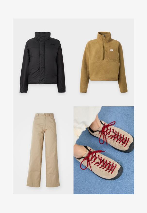 Schwarze, isolierte Daunenjacke mit hohem Kragen, frontalem Reißverschluss und einem Logo auf der Brust. Glatte, matte Oberfläche mit boxy Form.; Beiger Fleece-Pullover mit halbhohem Reißverschlusskragen, Vordertasche und elastischem Saum; verfügt über eine weiche, strukturierte Oberfläche und ein weißes Logo-Detail.; Beige weitgeschnittene Hose aus Baumwolle, mit Knopfverschluss und Gürtelschlaufen, glatt im Griff und sauber verarbeitet.; Beige Schuhe mit roten Schnürsenkeln, die auf einer blauen strukturierten Fläche positioniert sind und teilweise ein Fußgelenk einer Person zeigen. Die Schuhe haben ein sportliches Design.