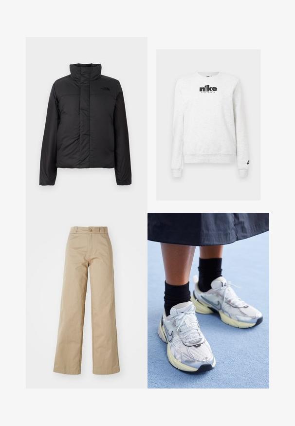 Schwarze, isolierte Daunenjacke mit hohem Kragen, frontalem Reißverschluss und einem Logo auf der Brust. Glatte, matte Oberfläche mit boxy Form.; Weißes Nike Sweatshirt mit langen Ärmeln, schwarzem Nike Sportswear-Logo auf der Brust und kleinerem Logo an der linken Ärmelbündche.; Beige weitgeschnittene Hose aus Baumwolle, mit Knopfverschluss und Gürtelschlaufen, glatt im Griff und sauber verarbeitet.; Weiße und silberne Nike-Sneaker aus Mesh-Gewebe, mit reflektierenden Akzenten und einer beigen Sohle. Getragen mit schwarzen Socken und stehend auf einer blauen Fläche.