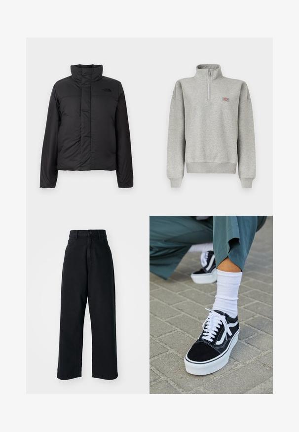 Chaqueta acolchada negra aislante con un cuello alto, cierre frontal de cremallera y un logo en el pecho. Acabado liso y mate con una forma cuadrada.; Sudadera gris claro con cremallera de un cuarto, puños y dobladillo acanalados, con un pequeño parche de logo multicolor en el pecho izquierdo.; Jeans anchos de tiro alto en negro, con bolsillos frontales y cierre de botón, exhibidos sobre un fondo blanco liso.; Zapatillas de ante negro con acentos y cordones blancos, que cuentan con una gruesa suela blanca y costuras en contraste, combinadas con un calcetín blanco.