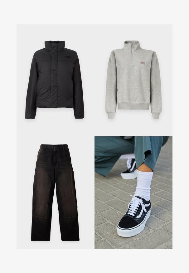 Schwarze, isolierte Daunenjacke mit hohem Kragen, frontalem Reißverschluss und einem Logo auf der Brust. Glatte, matte Oberfläche mit boxy Form.; Hellgraues Sweatshirt mit Viertelreißverschluss, gerippten Bündchen und Saum, mit einem kleinen mehrfarbigen Logopatch auf der linken Brust.; Schwarze Hosen mit weitem Bein, großen aufgesetzten Vordertaschen und Gürtelschlaufen, vor einem schlichten hellen Hintergrund präsentiert.; Schwarze Wildledersneaker mit weißen Akzenten und Schnürsenkeln, ausgestattet mit einer dicken weißen Sohle und kontrastierenden Nähten, kombiniert mit einer weißen Socke.