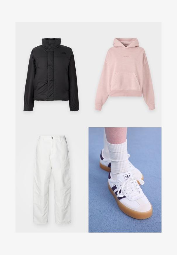 Chaqueta acolchada negra aislante con un cuello alto, cierre frontal de cremallera y un logo en el pecho. Acabado liso y mate con una forma cuadrada.; Sudadera corta rosa hecha de tejido suave, con un bolsillo frontal, puños acanalados y capucha con cordón. Pequeño logo bordado en el pecho.; Pantalones cargo blancos de mezclilla, con un corte relajado, bolsillos laterales y detalles de costura visibles. Parte delantera lisa con cierre de botón.; Zapatillas Adidas Samba blancas con rayas moradas, con suela de goma y cordones. Llevadas con calcetas blancas de canalé.
