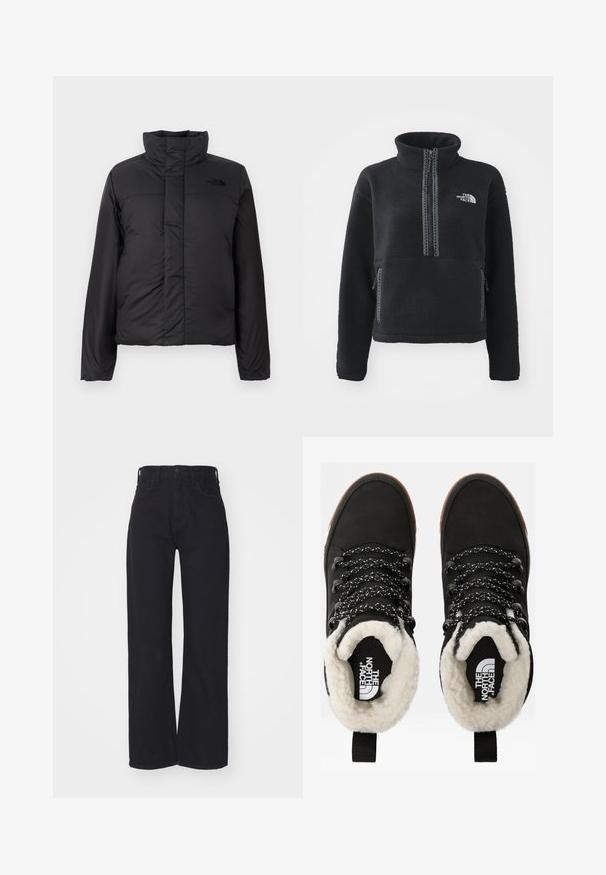 Schwarze, isolierte Daunenjacke mit hohem Kragen, frontalem Reißverschluss und einem Logo auf der Brust. Glatte, matte Oberfläche mit boxy Form.; Schwarzer Fleece-Pullover mit hohem Kragen, Viertel-Reißverschluss, Fronttasche und kontrastierenden Nähten. Mit The North Face-Logo auf der Brust.; Schwarze hochgeschnittene weite Jeans mit Knopf- und Reißverschluss vorne, Gürtelschlaufen und zwei Vordertaschen auf weißem Hintergrund.; Schwarze wasserdichte Knöchelstiefel mit einem Futter aus Kunstfell, strukturiertem Stoff, weiß-schwarzem Muster für die Schnürsenkel und einer Schlaufe an der Ferse.