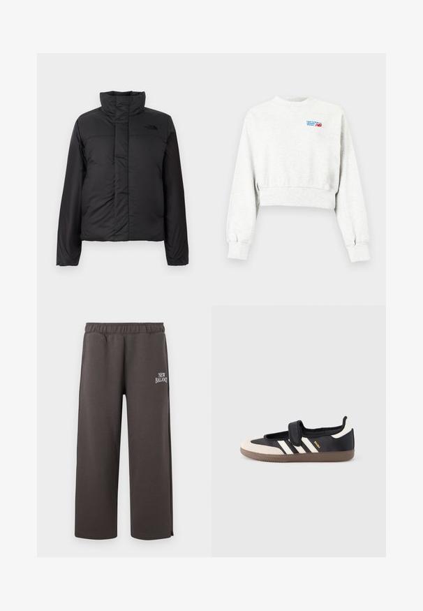 Schwarze, isolierte Daunenjacke mit hohem Kragen, frontalem Reißverschluss und einem Logo auf der Brust. Glatte, matte Oberfläche mit boxy Form.; Hellgraues, kurz geschnittenes Sweatshirt mit langen Ärmeln und kleinem blau-rotem "new balance athletic shoes"-Logo auf der oberen linken Brustseite.; Dunkelgraue Sweatpants mit geradem Bein, elastischem Bund und kleinem weißen "New Balance"-Logo am rechten Oberschenkel.; Schwarzer und beiger Sneaker mit Klettverschluss, drei weißen Streifen an der Seite und einer strukturierten braunen Gummisohle. Markenlogo sichtbar.