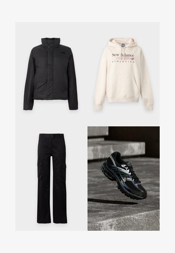 Schwarze, isolierte Daunenjacke mit hohem Kragen, frontalem Reißverschluss und einem Logo auf der Brust. Glatte, matte Oberfläche mit boxy Form.; Hellbeiger Pullover mit Kapuze, vordere Kängurutasche, Kordelzug an der Kapuze und braunem "New Balance Athletics"-Logo auf der Brust.; Schwarze Cargo-Hosen aus strapazierfähigem Stoff, mit zwei Seitentaschen und geradem Bein Design. Glatte Textur mit klassischer Passform.; Schwarzer und silberner Nike Laufschuh, der über Betontreppen schwebt und im Außenbereich detailliertes Design und strukturierte Sohle zeigt.
