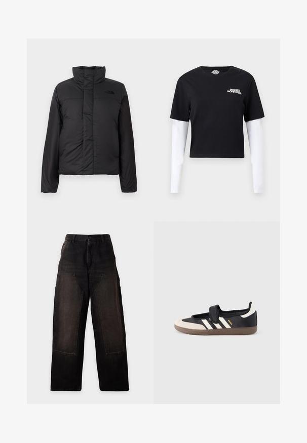 Zwarte geïsoleerde pufferjack met een hoge kraag, ritssluiting aan de voorkant en een logo op de borst. Gladde, matte afwerking met een boxy vorm.; Zwart cropped T-shirt met aangehechte witte lange mouwen en het "Dickies Workwear"-logo op de linkerborst.; Zwarte wijde broek met grote opgestikte voorzakken en riemlussen, getoond op een lichte, effen achtergrond.; Zwart-beige sneaker met een klittenbandsluiting, drie witte strepen aan de zijkant en een getextureerde bruine rubberen zool. Merkembleem zichtbaar.