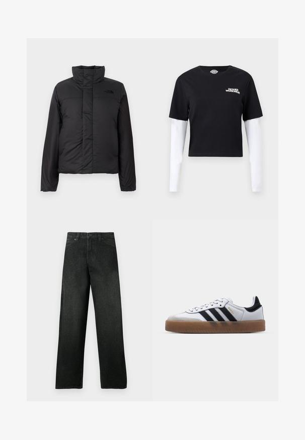 Schwarze, isolierte Daunenjacke mit hohem Kragen, frontalem Reißverschluss und einem Logo auf der Brust. Glatte, matte Oberfläche mit boxy Form.; Schwarzes, kurz geschnittenes T-Shirt mit weißen, angenähten langen Ärmeln und dem "Dickies Workwear"-Logo auf der linken Brust.; Schwarze, gerade geschnittene Jeans mit vorderen Taschen und Gürtelschlaufen, Knopf- und Reißverschluss, vor einem einfarbigen Hintergrund dargestellt.; Weiße Leder Sneakers mit schwarzen Streifen, Gummigummi-Außensohle, runder Zehenform, Schnürverschluss und weichem grauem Wildleder-Zehenkappe.