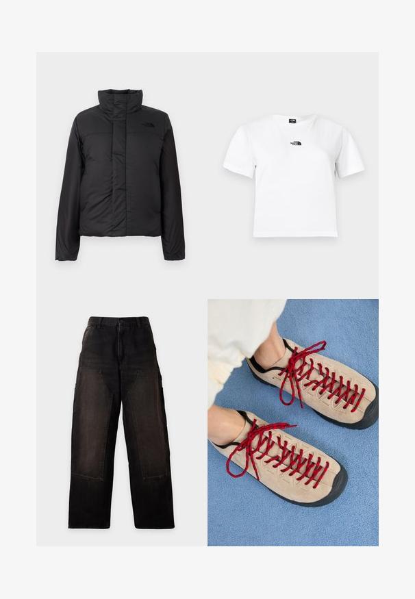 Schwarze, isolierte Daunenjacke mit hohem Kragen, frontalem Reißverschluss und einem Logo auf der Brust. Glatte, matte Oberfläche mit boxy Form.; Weißes Baumwoll-T-Shirt mit kurzen Ärmeln, einem Rundhalsausschnitt und einem schwarzen The North Face-Logo auf der Brust. Einfaches, schmuckloses Design.; Schwarze, weit geschnittene Hose mit hoher Taille und großen aufgesetzten Vordertaschen, flach auf weißem Hintergrund dargestellt.; Beige Schuhe mit roten Schnürsenkeln, die auf einer blauen strukturierten Fläche positioniert sind und teilweise ein Fußgelenk einer Person zeigen. Die Schuhe haben ein sportliches Design.