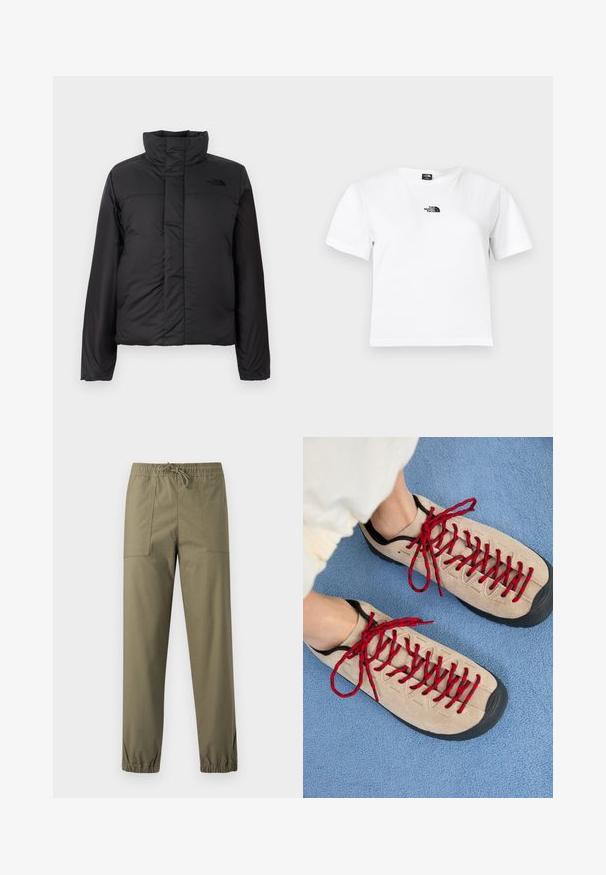 Schwarze, isolierte Daunenjacke mit hohem Kragen, frontalem Reißverschluss und einem Logo auf der Brust. Glatte, matte Oberfläche mit boxy Form.; Weißes Baumwoll-T-Shirt mit kurzen Ärmeln, einem Rundhalsausschnitt und einem schwarzen The North Face-Logo auf der Brust. Einfaches, schmuckloses Design.; Olivgrüne Hose aus glattem Stoff mit elastischem Bund, verstellbarem Kordelzug und elastischen Bündchen an den Knöcheln.; Beige Schuhe mit roten Schnürsenkeln, die auf einer blauen strukturierten Fläche positioniert sind und teilweise ein Fußgelenk einer Person zeigen. Die Schuhe haben ein sportliches Design.