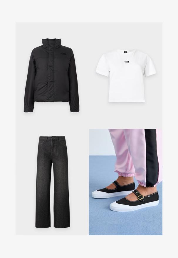Zwarte geïsoleerde pufferjack met een hoge kraag, ritssluiting aan de voorkant en een logo op de borst. Gladde, matte afwerking met een boxy vorm.; Wit katoenen t-shirt met korte mouwen, een ronde hals en een zwart The North Face-logo op de borst. Eenvoudig, onopgesmukt ontwerp.; Zwart wijde pijpen jeans met hoge taille, voorzakken, knoopsluiting en riemlussen, afgebeeld op een effen lichte achtergrond.; Zwarte canvas schoenen met een witte zool, met een uitgesneden ontwerp en een gouden gespband. Draagt met roze joggingsbroek.