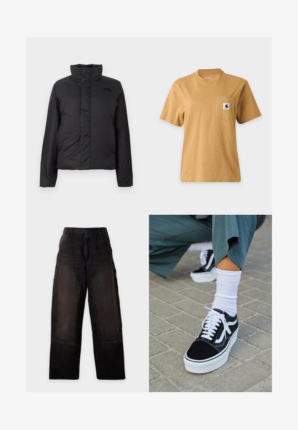 Zwarte geïsoleerde pufferjack met een hoge kraag, ritssluiting aan de voorkant en een logo op de borst. Gladde, matte afwerking met een boxy vorm.; Effen bruine T-shirt met korte mouwen en een borstzakje met een vierkante merklogo-patch, getoond op een effen lichte achtergrond.; Zwarte wijde broek met grote opgestikte voorzakken en riemlussen, getoond op een lichte, effen achtergrond.; Zwarte suède sneaker met witte accenten en veters, uitgerust met een dikke witte zool en contrasterende stiksels, gecombineerd met een witte sok.