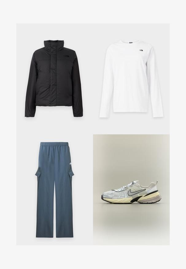 Zwarte geïsoleerde pufferjack met een hoge kraag, ritssluiting aan de voorkant en een logo op de borst. Gladde, matte afwerking met een boxy vorm.; Wit shirt met lange mouwen en ronde hals met klein zwart The North Face-logo op de linkerborst.; Donkerblauwe wijde cargobroek met elastische tailleband en klepzakken aan de zijkanten, met merklogo op de bovenkant van het bovenbeen.; Witte en grijze Nike sneaker met mesh bovenwerk, zwarte swoosh, beige tussenzool en zwarte buitenzool op een lichte achtergrond.