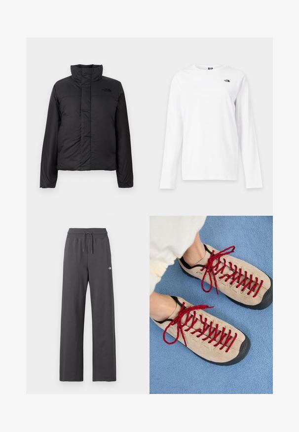 Zwarte geïsoleerde pufferjack met een hoge kraag, ritssluiting aan de voorkant en een logo op de borst. Gladde, matte afwerking met een boxy vorm.; Wit shirt met lange mouwen en ronde hals met klein zwart The North Face-logo op de linkerborst.; Donkergrijze sweatpants met wijde pijpen, voorzien van een geribbelde elastische tailleband en een trekkoord, met een klein wit logo op de rechterdij.; Beige schoenen met rode veters, geplaatst op een blauwe, gestructureerde ondergrond, onthullen gedeeltelijk de enkel van een persoon. De schoenen hebben een sportief ontwerp.