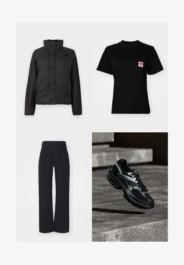 Schwarze, isolierte Daunenjacke mit hohem Kragen, frontalem Reißverschluss und einem Logo auf der Brust. Glatte, matte Oberfläche mit boxy Form.; Schwarzes Baumwoll-T-Shirt mit Rundhalsausschnitt und kurzen Ärmeln. Verfügt über eine Brusttasche mit einem roten Herz-Logo und weißem Text.; Schwarze hochgeschnittene weite Jeans mit Knopf- und Reißverschluss vorne, Gürtelschlaufen und zwei Vordertaschen auf weißem Hintergrund.; Schwarzer und silberner Nike Laufschuh, der über Betontreppen schwebt und im Außenbereich detailliertes Design und strukturierte Sohle zeigt.