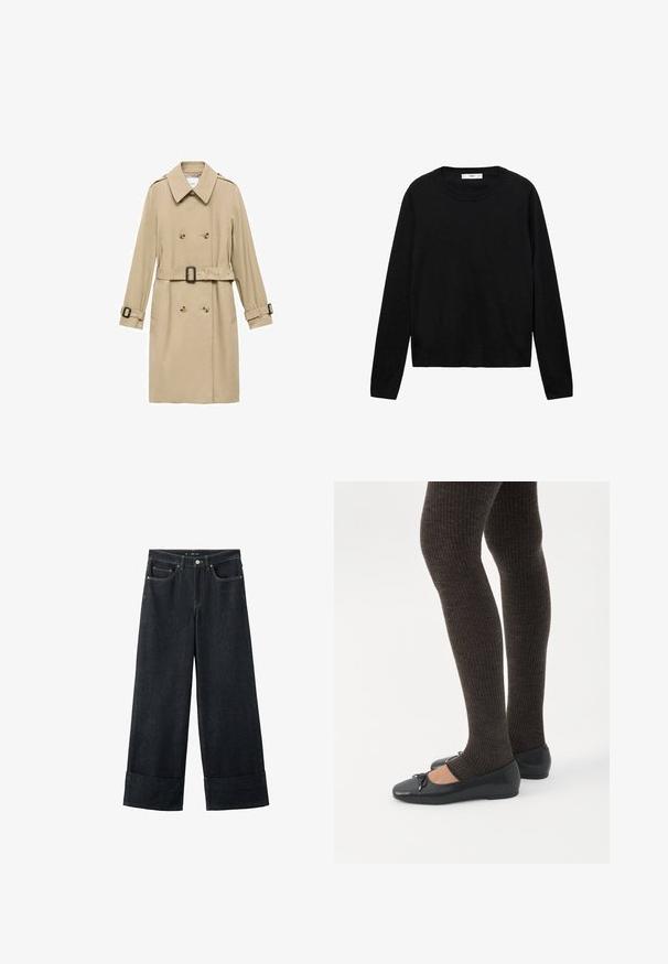 Beige trenchcoat med dobbeltradet design, skulderepauleter, bælte i taljen og knapdetaljer på manchetterne.; Sort langærmet sweater lavet af blødt materiale med rund hals og ribbede manchetter, med et enkelt og lige snit design.; Vidbenede mørke blå jeans i denim med opbukket kant, forlommer og kontrastsyning. Fremstillet af robust denimstof for holdbarhed.; Ben iført mørke ribbede leggings kombineret med sorte balletsko med små sløjfedetaljer på hvid baggrund.