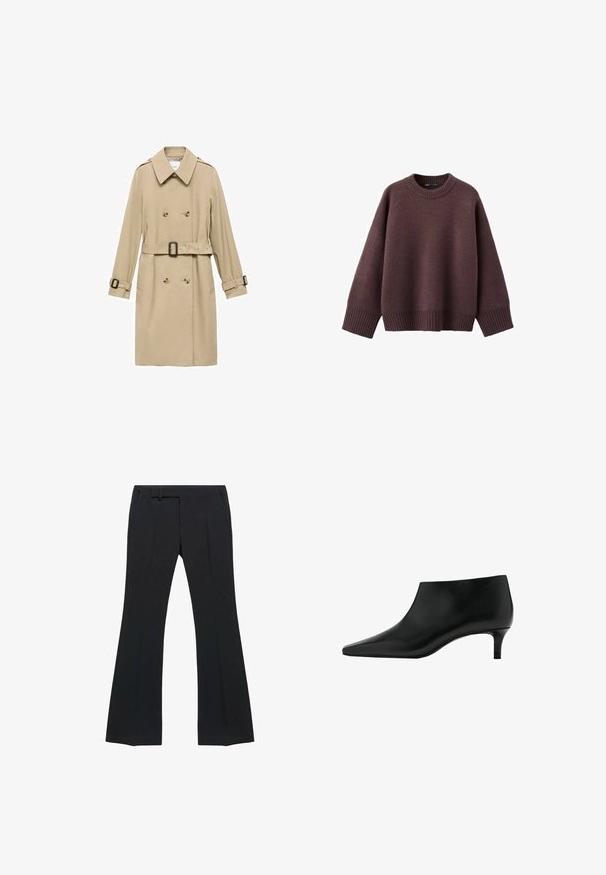Beige trenchcoat med dobbeltradet design, skulderepauleter, bælte i taljen og knapdetaljer på manchetterne.; Løs pasform sweater i mørk bordeaux, lavet af blødt strikket stof. Har en ribstrikket rund hals, vide ærmer og en ribstrikket kant.; Sorte skræddersyede bukser med en udvidet benvidde, der har en flad front med lommer og bæltestropper, lavet af et glat stof med en ren finish.; Sort læderankelstøvle med spids tå og lavt kittenhæl, designet til elegant og formelt brug.