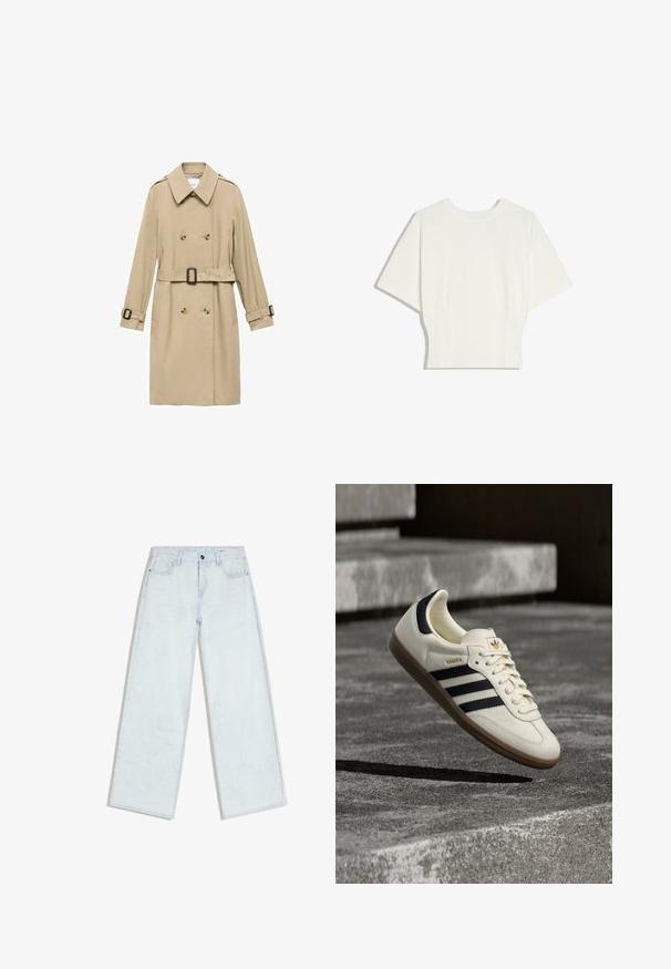 Beige trenchcoat med dobbeltradet design, skulderepauleter, bælte i taljen og knapdetaljer på manchetterne.; Hvid kortærmet tætsiddende top med rund halsudskæring og let udvidede ærmer, vist på en ensfarvet hvid baggrund.; Lyseblå vidde-jeans med forreste knap og lynlås, bæltestropper og fem-lomme design, lagt fladt på hvid baggrund.; Hvid Adidas Samba sneaker med sorte striber og gummsål, svævende over teksturerede grå betonstrin.