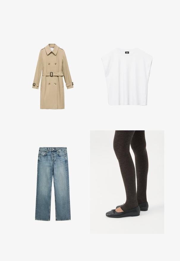 Beige trenchcoat met een dubbelgebreid ontwerp, schouderepauletten, een ceintuur in de taille en knoopaccenten op de manchetten.; Witte mouwloze crop top met ronde hals en brede schouders, met een zwart "B6" label aan de binnenkant van de kraag.; Lichtblauwe recht gesneden spijkerbroek met voorzakken, riemlussen en een knoopsluiting in de taille.; Benen met donkere geribbelde leggings gecombineerd met zwarte ballerina's met kleine strikdetails op een witte achtergrond.