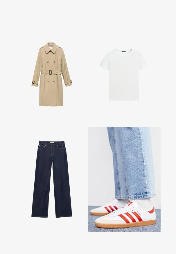 Beige trenchcoat met een dubbelgebreid ontwerp, schouderepauletten, een ceintuur in de taille en knoopaccenten op de manchetten.; Effen wit T-shirt met korte mouwen, een ronde hals en een klein zwart labeltje aan de binnenkant van de kraag.; Donkerblauwe spijkerbroek met brede rechte pijpen, voorzakken en een knoop- en ritssluiting.; Witte leren sneakers met rode strepen en accenten. Voorzien van een getextureerde gumrubberen outsole en een gevoerde kraag. Draag ze met lichtblauwe denim.