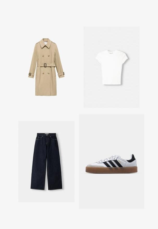 Beige trenchcoat med dobbeltradet design, skulderepauleter, bælte i taljen og knapdetaljer på manchetterne.; Hvid kortærmet t-shirt lavet af blød bomuld, med rund halsudskæring og en tætsiddende form. Ingen synlige mønstre eller udsmykninger.; Mørkeblå denim wide-leg jeans med høj talje, fem lommer, kontraststing og sølvfarvet metalbeslag. Glat overflade og pæn finish.; Hvide lædersneakers med sorte striber, gummirubber sål, rund tå, snørelukning og blød grå ruskinds tåhætte.