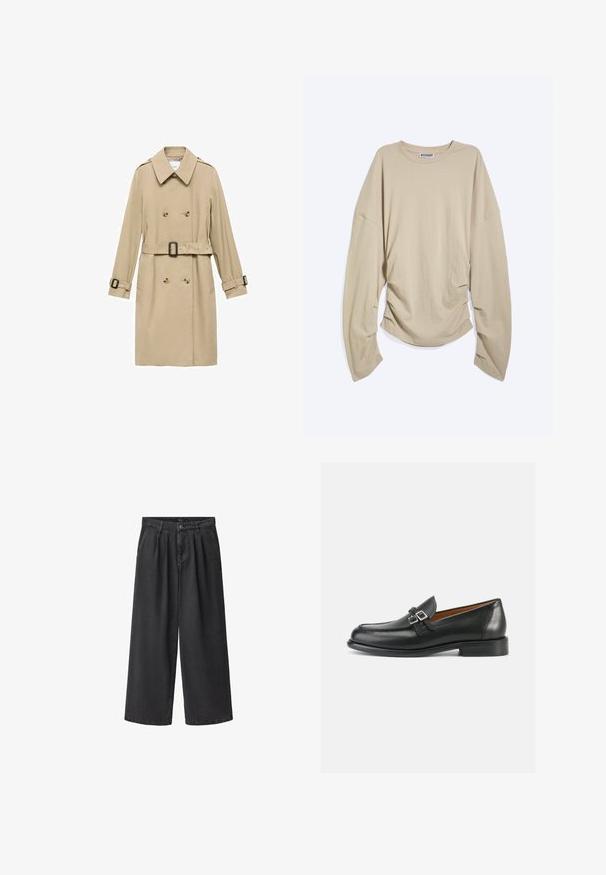 Beige trenchcoat med dobbeltradet design, skulderepauleter, bælte i taljen og knapdetaljer på manchetterne.; Beige langærmet rundhalset skjorte med overdrevne ærmer og rynkede sider, lagt fladt på en hvid baggrund.; Sorte denim brede bukser med høj talje, der har en frontknap lukning, folder og en glat, mat tekstur.; Sorte læderloafer med synligt sømdesign, der har en dobbelt spænde-detalje og en let forhøjet hæl for ekstra højde.