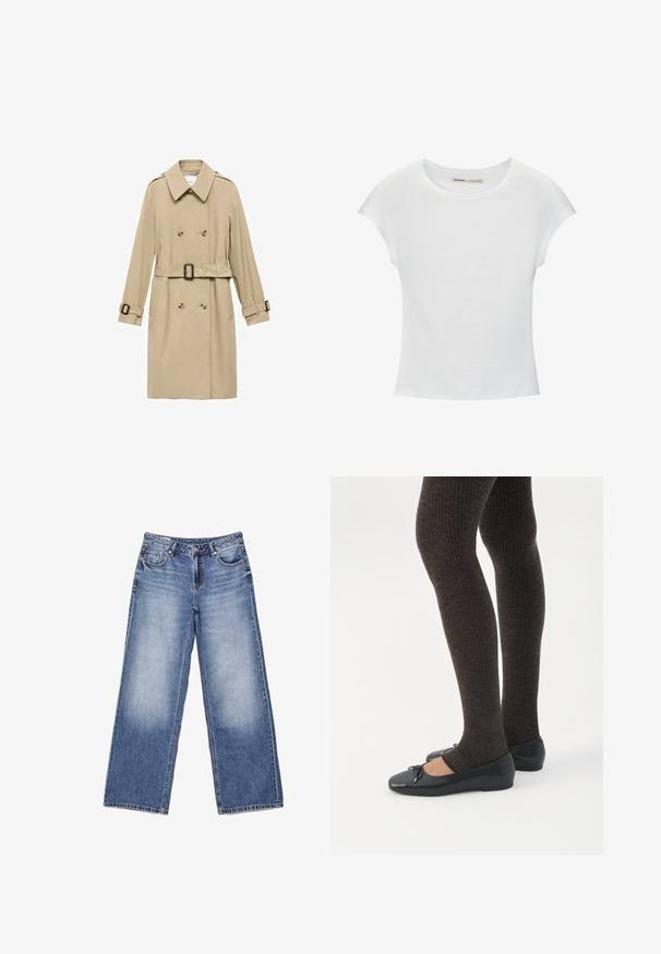 Beige trenchcoat med dobbeltradet design, skulderepauleter, bælte i taljen og knapdetaljer på manchetterne.; Hvid bomuld t-shirt med korte, opsmøgede ærmer, rund halsudskæring og lige kant. Glat tekstur uden synlige mønstre eller detaljer.; Lyseblå højtsiddende jeans med lige ben, for- og baglommer, knaplukning og falmede detaljer på lårene.; Ben iført mørke ribbede leggings kombineret med sorte balletsko med små sløjfedetaljer på hvid baggrund.
