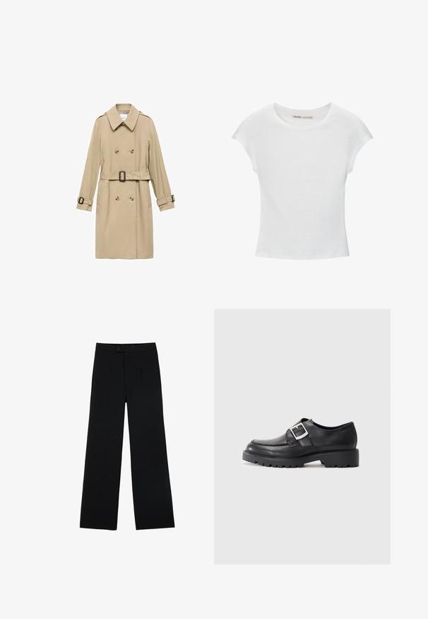 Beige trenchcoat med dobbeltradet design, skulderepauleter, bælte i taljen og knapdetaljer på manchetterne.; Hvid bomuld t-shirt med korte, opsmøgede ærmer, rund halsudskæring og lige kant. Glat tekstur uden synlige mønstre eller detaljer.; Sorte vidde bukser lavet af glat stof, med en frontknaplukning og to plissee for ekstra detaljer. Skræddersyet design i det hele taget.; Sorte lædersko med en rund tå, der har en sidebuckle-detalje og en tyk, robust sål. Glat tekstur med minimal syning.
