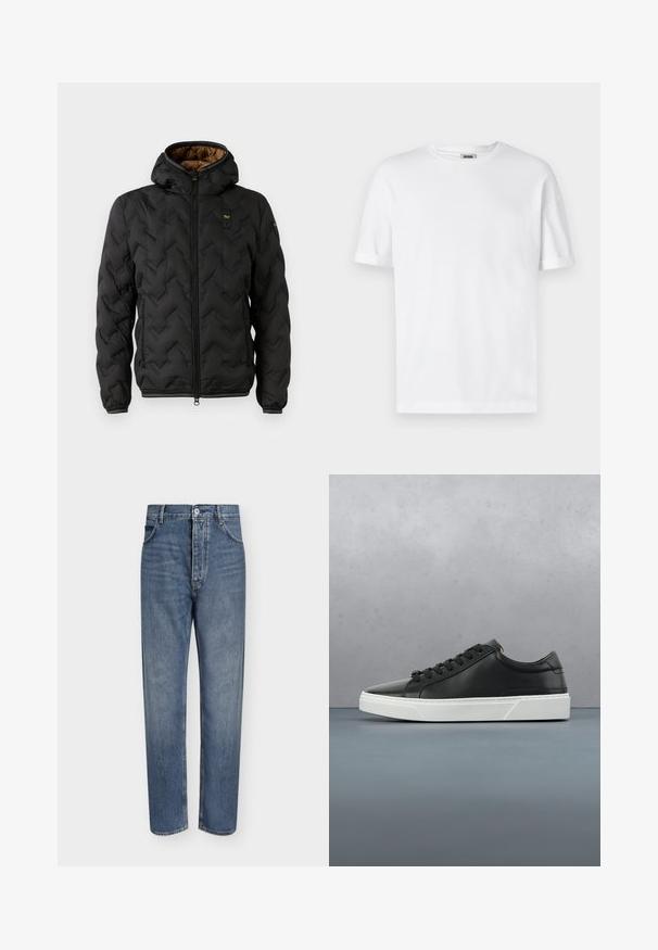 Doudoune noire avec capuche, présentant un motif en chevrons matelassé, fermeture éclair à l'avant et poignets élastiques. Doublure intérieure marron et détail de logo.; T-shirt en coton blanc avec un col rond, des manches courtes et des revers roulés ; design sobre, texture douce et coupe droite.; Jean droit en denim bleu avec taille haute, fermeture à boutons sur le devant et design à cinq poches sur un fond clair uni.; Baskets en cuir noir avec un bout rond, surface texturée, semelle en caoutchouc blanc et lacets noirs. Design minimaliste avec un profil épuré.