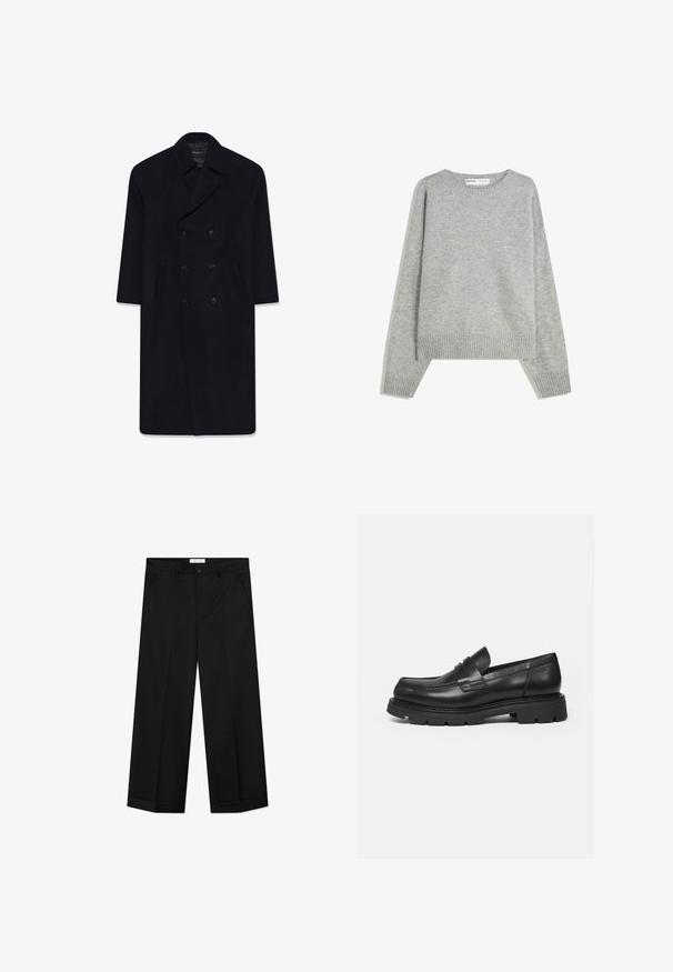 Sort uldblanding dobbeltradet frakke med slagkrave, to forlommer og en glat tekstur, der har seks matchende knapper.; Grå strikket sweater med rund halsudskæring, ribbede manchetter og kant, med en afslappet pasform og blød tekstur.; Sorte bukser med vide ben lavet af et glat materiale, med forlommer, knaplåsning og en presset rille ned langs hvert ben.; Sort læderloafer med tyk rillede sål og penny-remdetalje, vist i højre sideprofil på hvid baggrund.