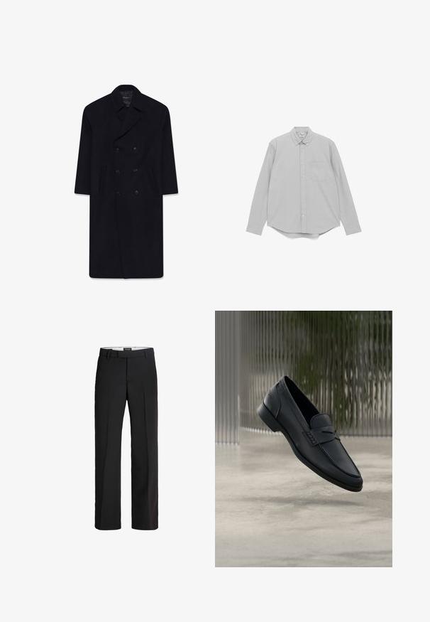 Mustmustest mustriga kahe rinnaga mantel, millel on kaelus, kaks esistaskut ja sile tekstuur, kuue sobiva nupuga.; Helehall button-up särk terava krae, pikkade varrukatega ja ühe rinna taskuga. Valmistatud tekstuuriga kangast, millel on kaarjas alläär.; Mustad püksid kohandatud lõikega; sisaldab lamedat eesmist osa, kahte külgtaskut ja siledat tekstuuri; valmistatud kergest ja hingavast materjalist.; Mustast nahast jalanõu, sileda viimistlusega, terava ninaga ja vändas nähtava õmblusega. Madal konts ja minimalistlik disain.