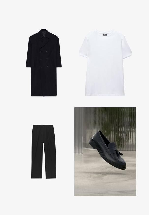 Sort uldblanding dobbeltradet frakke med slagkrave, to forlommer og en glat tekstur, der har seks matchende knapper.; Simpel hvid t-shirt med korte ærmer og rund halsudskæring med en sort Pull&Bear mærkat indeni kraven, vist på en hvid baggrund.; Sorte bukser med lige ben, lavet af et glat stof. Har frontfolder og en enkelt knaplukning i taljen.; Sorte læderloafers med en glat tekstur, en rundet tå og dekorative kvaster foran. Fleksibel gummisål med lav hæl.